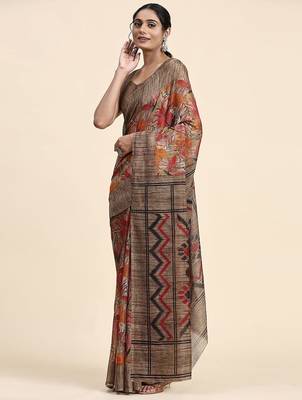 Brown printed linen casual saree with blouse piece 2