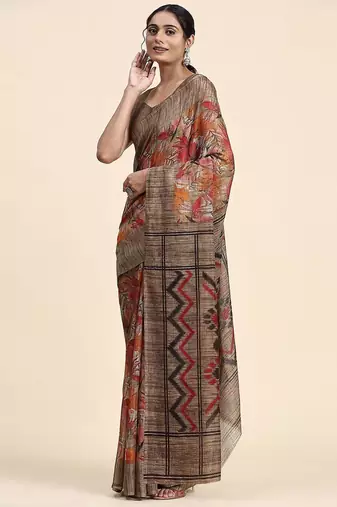 Brown printed linen casual saree with blouse piece