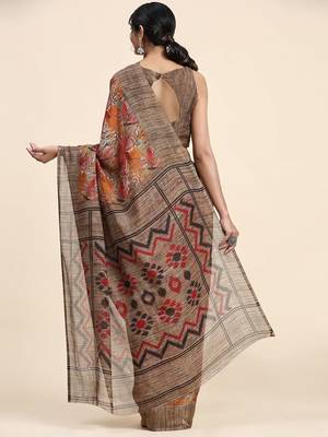 Brown printed linen casual saree with blouse piece 3