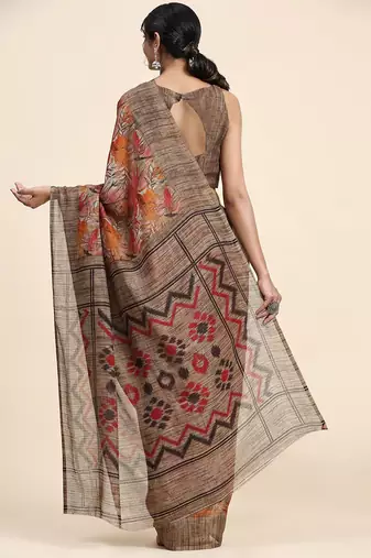 Brown printed linen casual saree with blouse piece