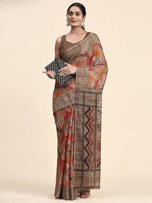 Brown printed linen casual saree with blouse piece 4