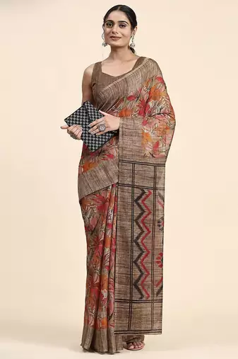 Brown printed linen casual saree with blouse piece