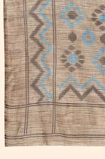 Brown printed linen casual saree with blouse piece
