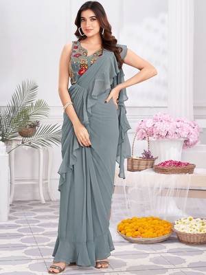 Grey plain satin designer saree with blouse piece 1