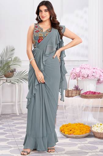Grey plain satin designer saree with blouse piece