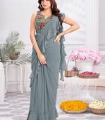 Grey plain satin designer saree with blouse piece