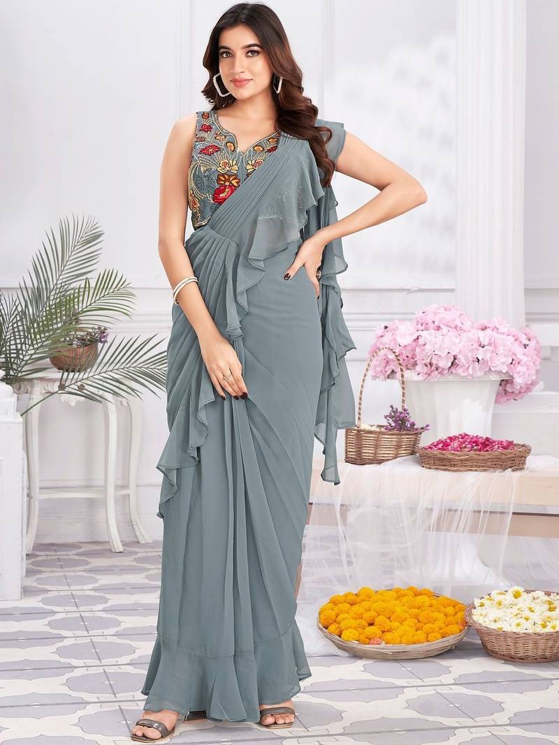 Grey plain satin designer saree with blouse piece