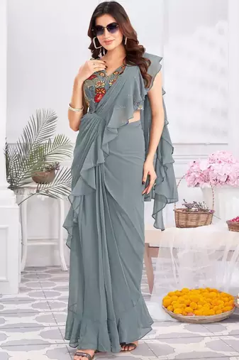 Grey plain satin designer saree with blouse piece