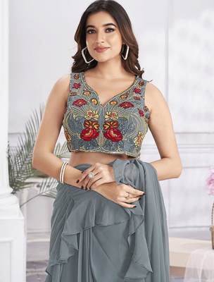 Grey plain satin designer saree with blouse piece 3
