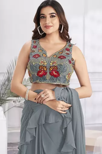 Grey plain satin designer saree with blouse piece