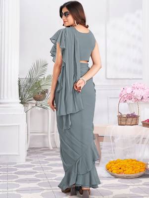 Grey plain satin designer saree with blouse piece 4