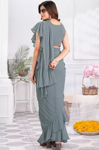 Grey plain satin designer saree with blouse piece