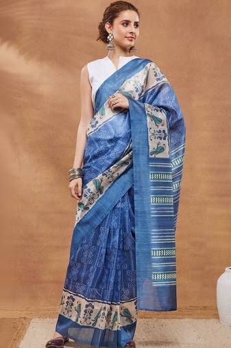 Blue printed silk blend ethnic saree with blouse piece