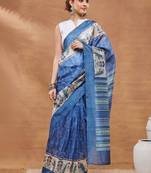 Blue printed silk blend ethnic saree with blouse piece