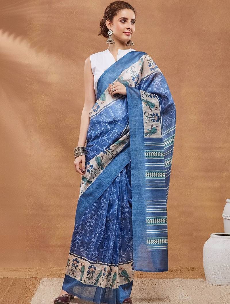 Blue printed silk blend ethnic saree with blouse piece