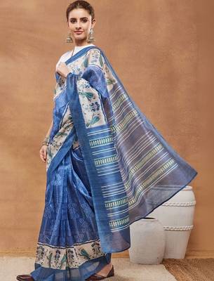 Blue printed silk blend ethnic saree with blouse piece 2