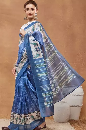Blue printed silk blend ethnic saree with blouse piece