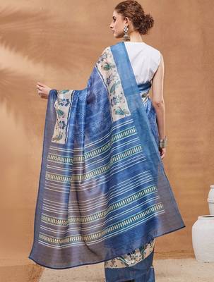 Blue printed silk blend ethnic saree with blouse piece 3