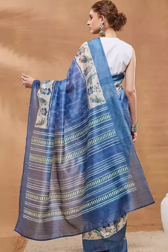 Blue printed silk blend ethnic saree with blouse piece