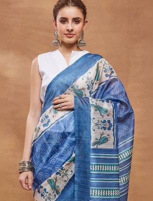 Blue printed silk blend ethnic saree with blouse piece 4