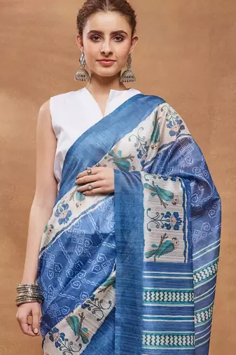 Blue printed silk blend ethnic saree with blouse piece