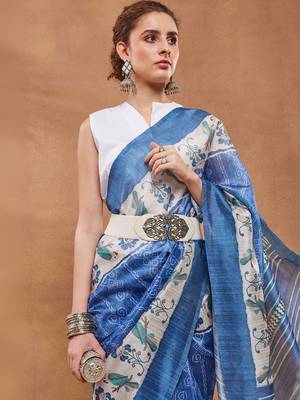 Blue printed silk blend ethnic saree with blouse piece 5