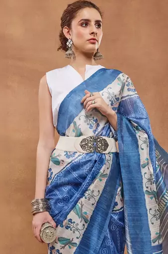 Blue printed silk blend ethnic saree with blouse piece