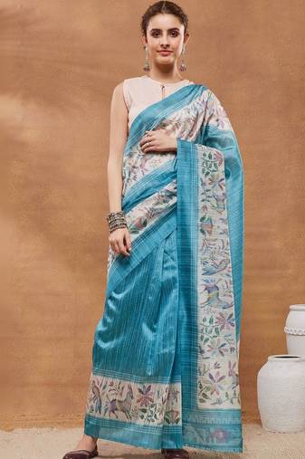 Turquoise blue printed silk blend ethnic saree with blouse piece