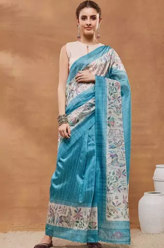 Turquoise blue printed silk blend ethnic saree with blouse piece