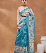 Turquoise blue printed silk blend ethnic saree with blouse piece