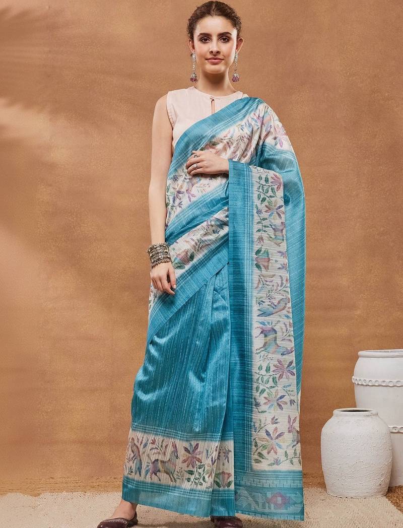 Turquoise blue printed silk blend ethnic saree with blouse piece