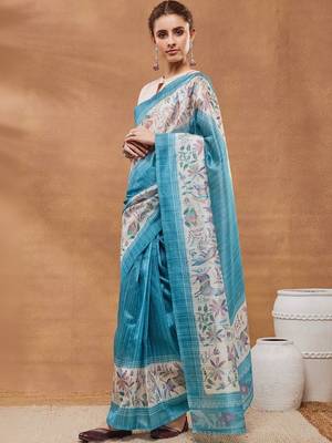 Turquoise blue printed silk blend ethnic saree with blouse piece 2