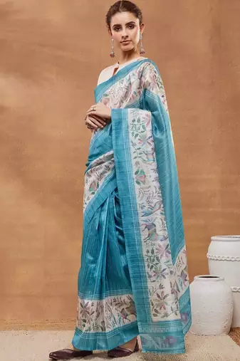 Turquoise blue printed silk blend ethnic saree with blouse piece