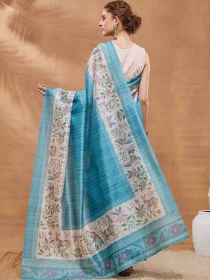 Turquoise blue printed silk blend ethnic saree with blouse piece 3