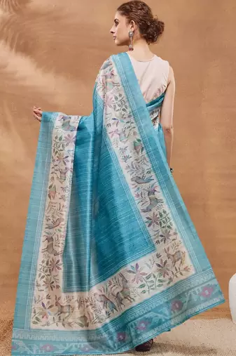 Turquoise blue printed silk blend ethnic saree with blouse piece