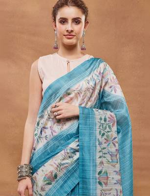 Turquoise blue printed silk blend ethnic saree with blouse piece 4