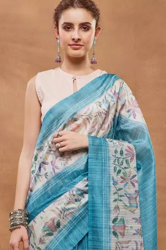 Turquoise blue printed silk blend ethnic saree with blouse piece