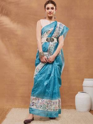 Turquoise blue printed silk blend ethnic saree with blouse piece 5