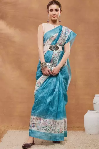 Turquoise blue printed silk blend ethnic saree with blouse piece