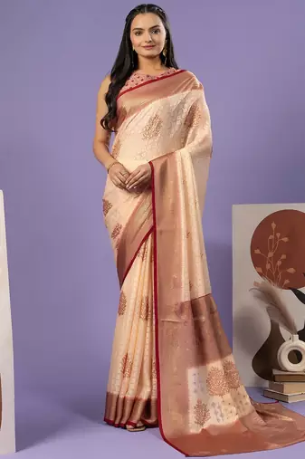 Maroon printed brasso casual saree with blouse piece