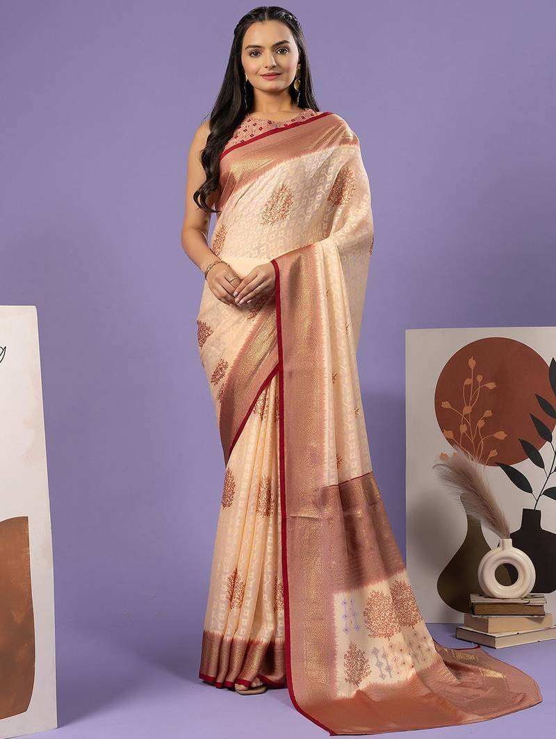 Maroon printed brasso casual saree with blouse piece