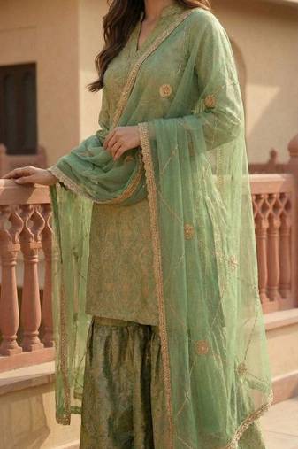 Elegant Pista Green Brocade Kurti and Sharara Set with Scalloped Dupatta
