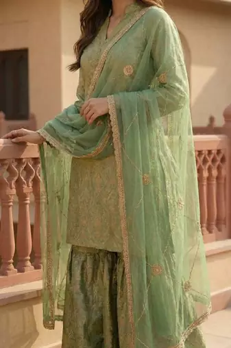 Elegant Pista Green Brocade Kurti and Sharara Set with Scalloped Dupatta