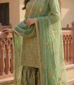 Elegant Pista Green Brocade Kurti and Sharara Set with Scalloped Dupatta