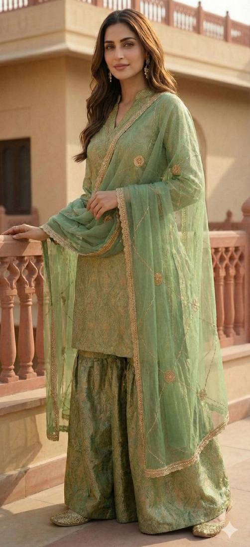 Elegant Pista Green Brocade Kurti and Sharara Set with Scalloped Dupatta