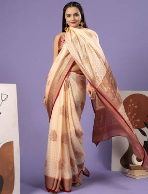 Maroon printed brasso casual saree with blouse piece 5