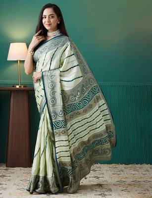Green printed brasso casual saree with blouse piece 2