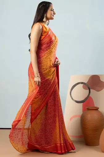 Red elegant printed georgette saree with blouse piece