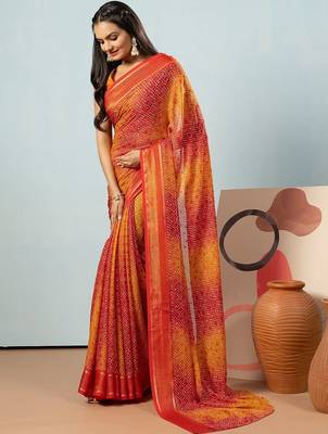 Red elegant printed georgette saree with blouse piece 2