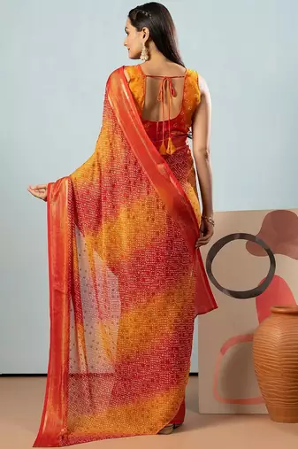 Red elegant printed georgette saree with blouse piece